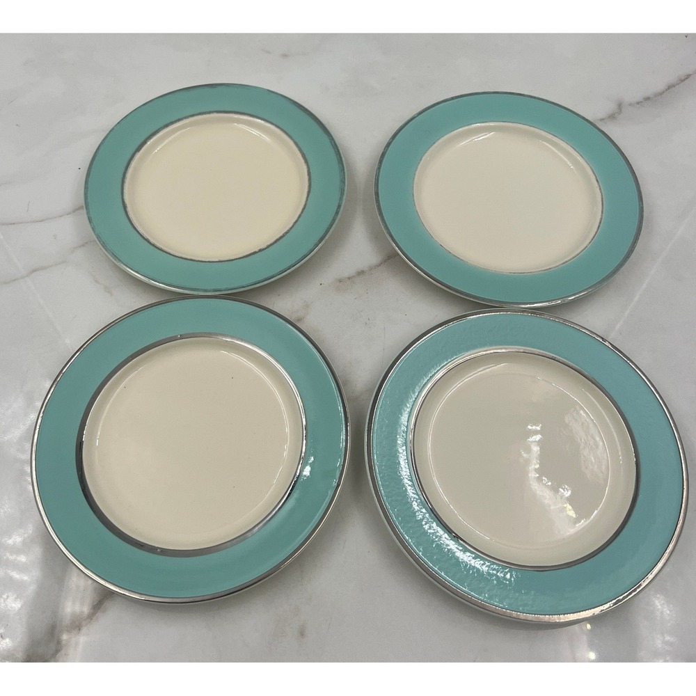 Taylor Smith & Taylor Platinum Blue Ceramic Bread Butter Plates Silver Trim 6.25